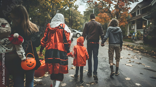 A family dressed in Halloween costumes. holding hands and walking down the street together on their way to trick or treat  photo