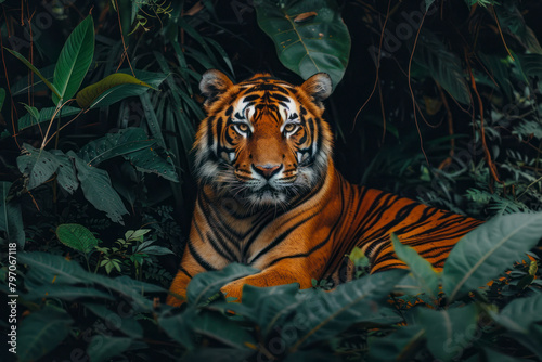 A magnificent Bengal tiger rests in the shade of a dense jungle.