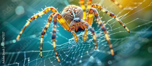 Close up of a spider weaving its web, showcasing intricate patterns and delicate strands.