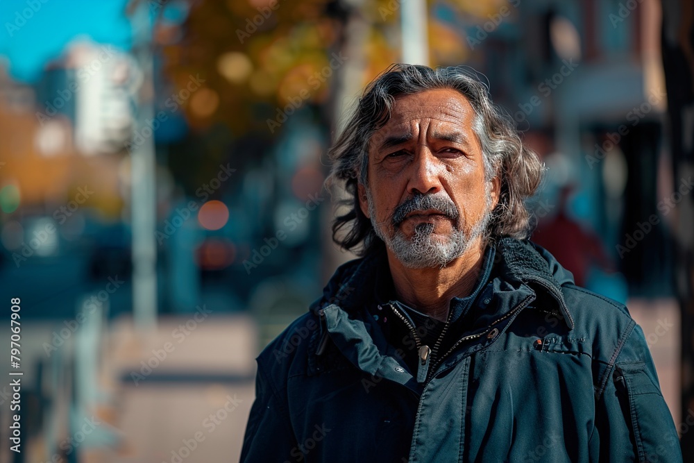 A man with a beard and gray hair is standing on a sidewalk