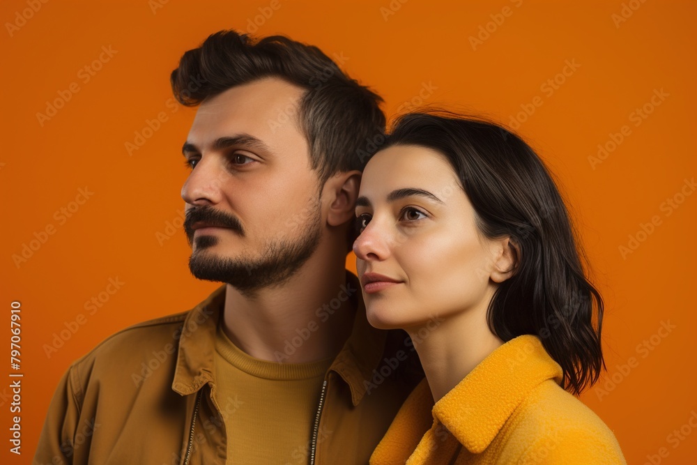 A man and a woman are standing next to each other on an orange background A man and a woman are standing next to each other on an orange background