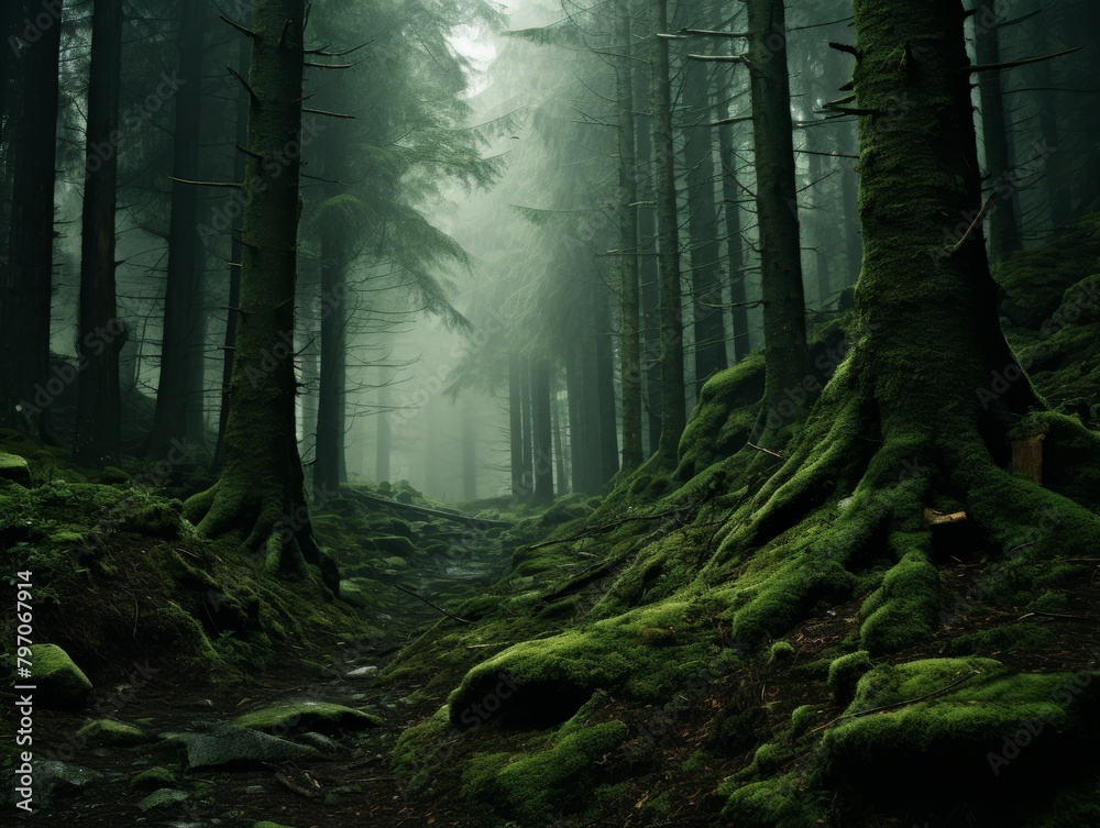 Mystical Forest Path Shrouded in Fog