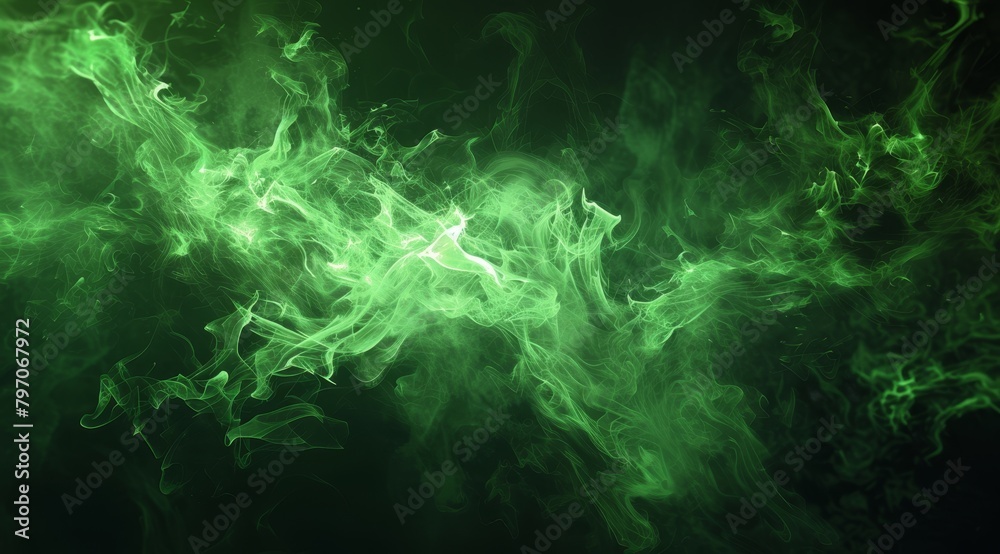 Ethereal green smoke swirling in darkness