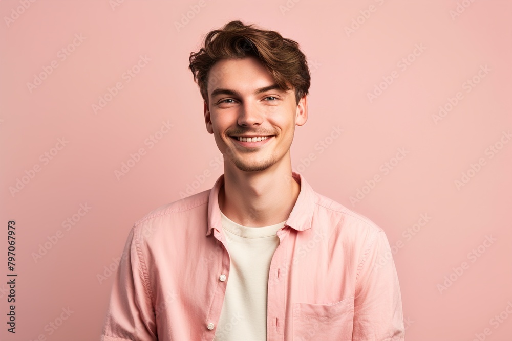 A young man with a pink shirt and a beard is smiling A young man with a pink shirt and a beard is smiling