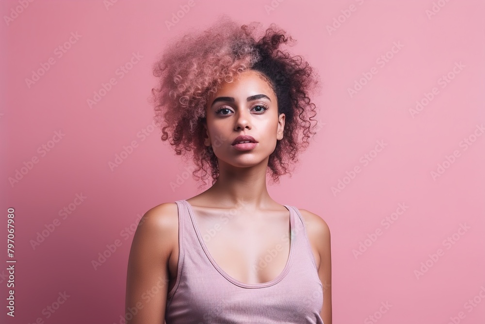 A woman with pink hair and a pink tank top