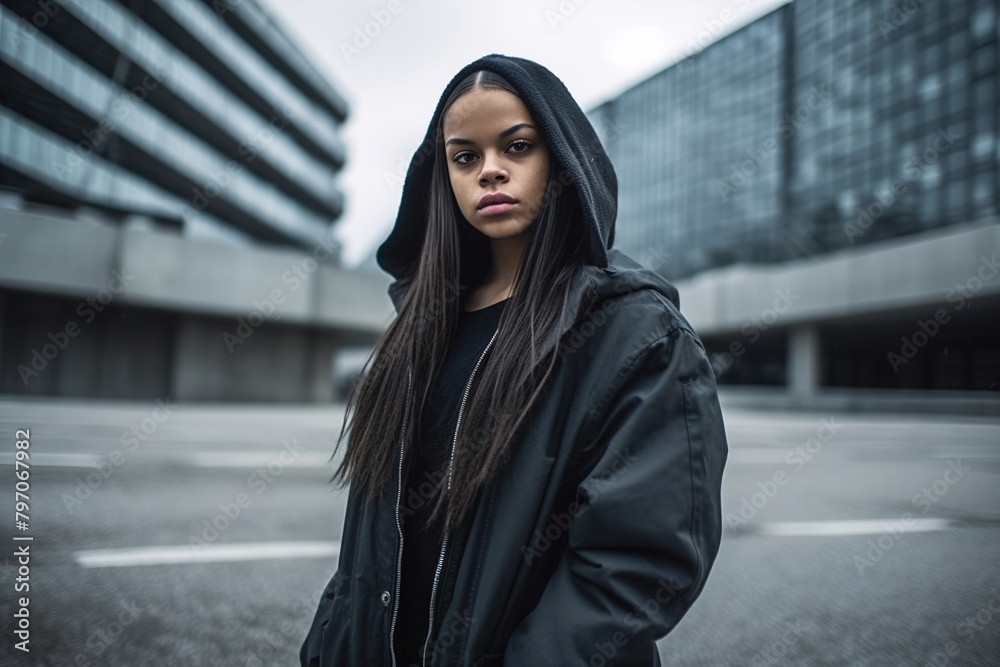 A woman in a black hoodie stands in front of a building