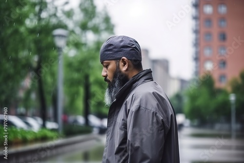A man with a beard and a turban is standing on a wet street