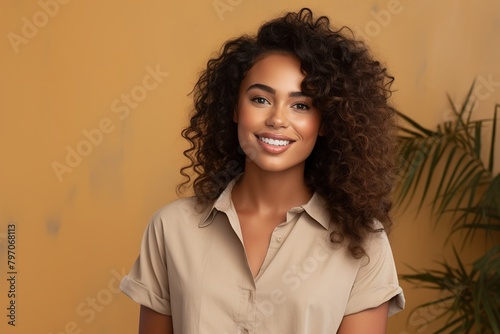 A woman with curly hair is smiling and wearing a tan shirt