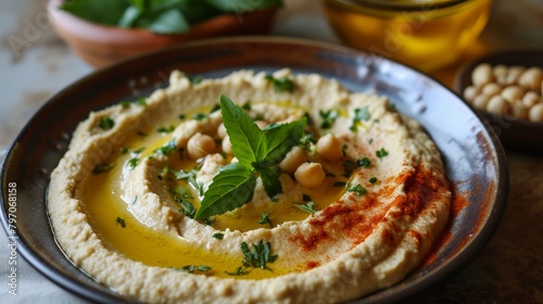 Fresh Homemade Hummus Garnished with Chickpeas, Olive Oil, and Herbs © Balaraw
