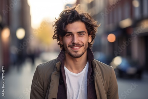 A man with a beard and a smile is standing on a street