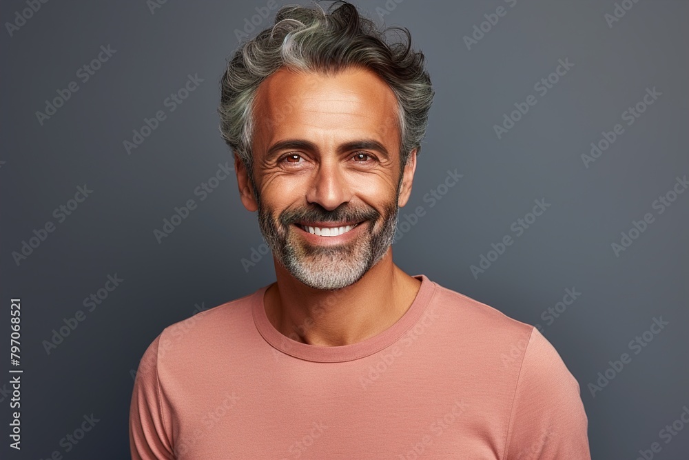 A man with a mustache and gray hair is smiling and wearing a pink shirt A man with a mustache and gray hair is smiling and wearing a pink shirt