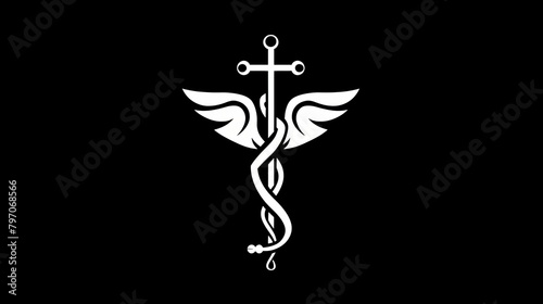 healthcare logo, simple black and white logo, copy and text space, black background, 16:9