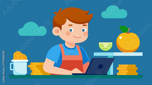A teenage boy works at his parttime job carefully calculating and setting aside a portion of his paycheck for savings and future purchases.