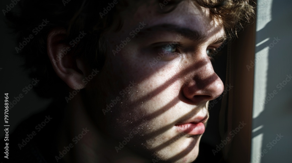 Young man with contemplative expression in shadow and light Young man with contemplative expression in shadow and light