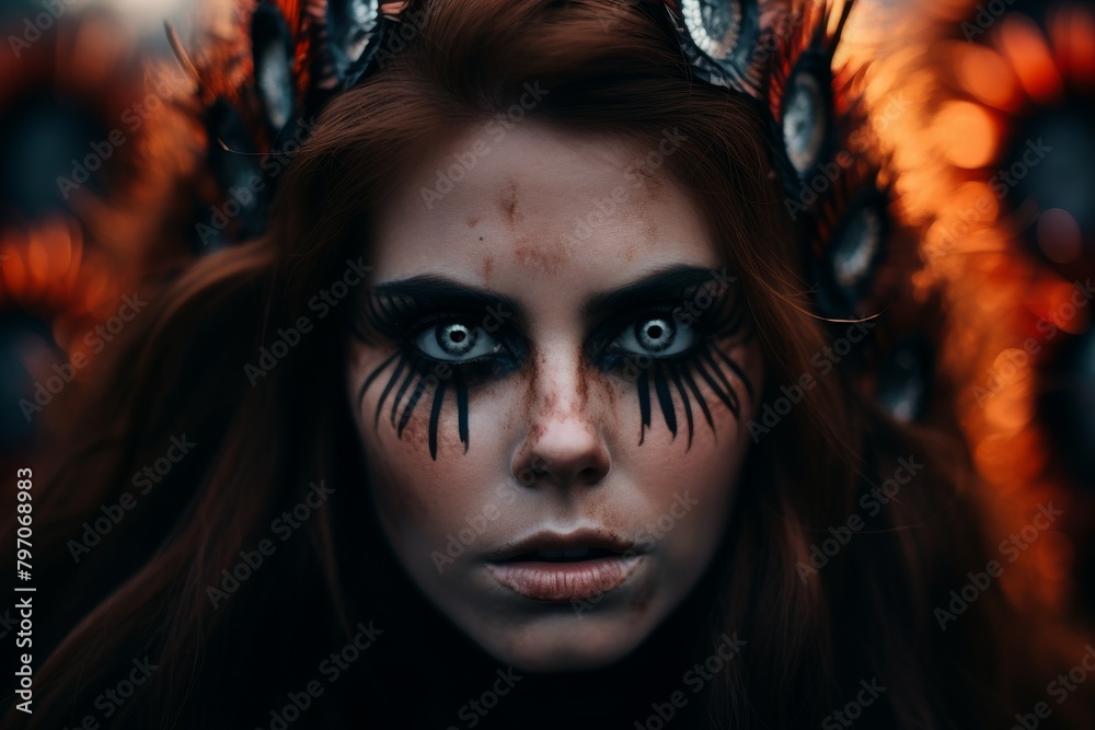 Intense woman with dramatic tribal makeup and feather headdress