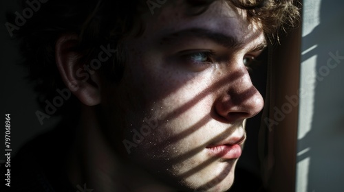 Young man with contemplative expression in shadow and light