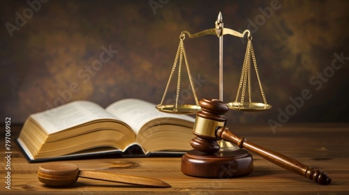 Judge gavel and scales of justice and book background photo