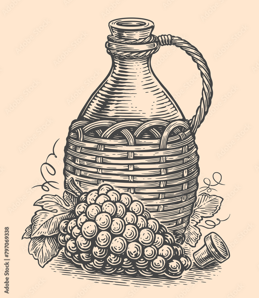 Obraz premium Wine jar with grape branch. Hand drawn sketch vector illustration in vintage engraving style