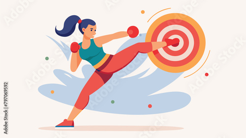 Sweat drips down a womans brow as she focuses on the target in front of her using the power and precision of Muay Thai to release pentup