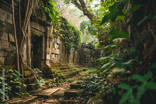 Ancient Temple Ruins Overgrown with Lush Greenery