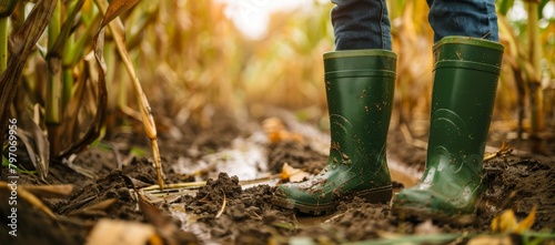 Farmer walking through a muddy cornfield
