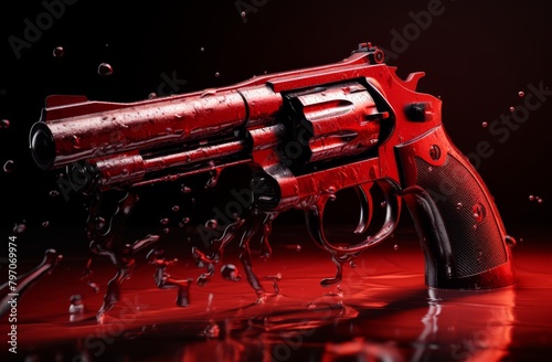 Wet red revolver on a reflective surface with water droplets