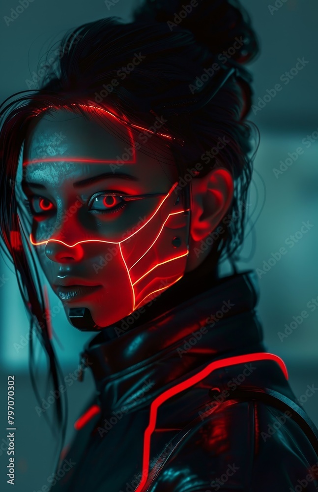 Futuristic Woman with Neon Face Paint in Red and Blue Light