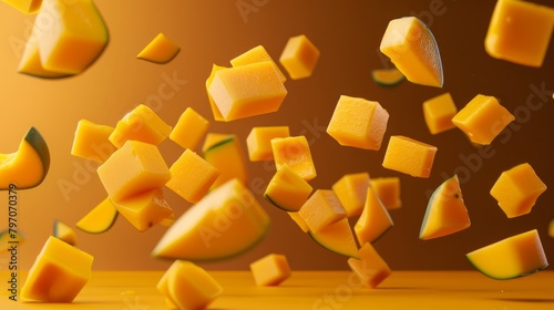 Mango fruit slices and mango cubes flying isolated