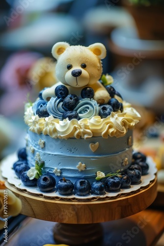 Adorable Bear on Top of a Delicious Cake Generative AI