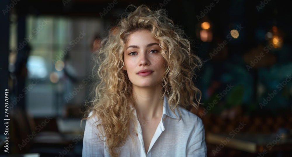 Confident young woman with curly blonde hair in a casual setting Confident young woman with curly blonde hair in a casual setting