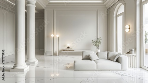 Elegant neoclassical living room with white columns and modern furniture © Fat Bee
