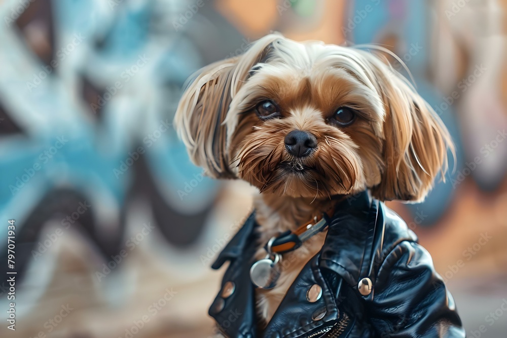 Stylish dog in leather jacket promotes pet ownership benefits with confidence boost. Concept Pet Fashion, Confidence Boost, Stylish Dog, Pet Ownership Benefits, Leather Jacket Stylish dog in leather jacket promotes pet ownership benefits with confidence boost. Concept Pet Fashion, Confidence Boost, Stylish Dog, Pet Ownership Benefits, Leather Jacket