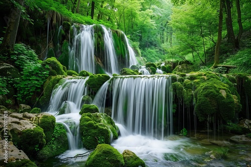 Serene Waterfall in Lush Green Forest photo