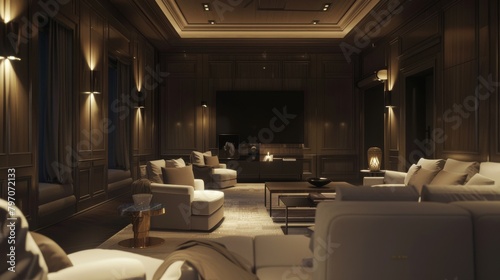 Luxurious minimalist neoclassical media room with elegant interior design photo