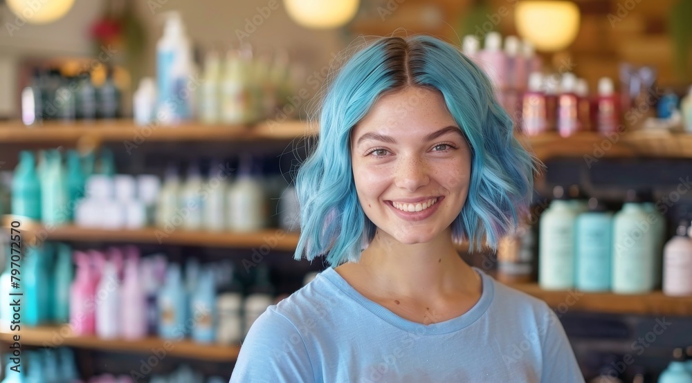 Cheerful young woman with blue hair standing in a cosmetic store