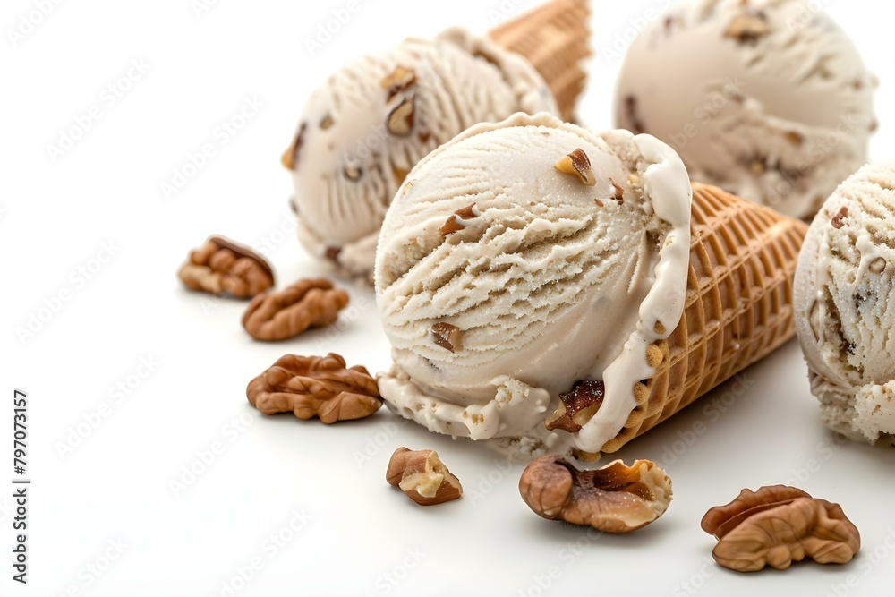 Walnut ice cream scoops on waffle cone isolated on white background. Concept Food Photography, Desserts, Ice Cream, Walnut Flavor, Waffle Cone Walnut ice cream scoops on waffle cone isolated on white background. Concept Food Photography, Desserts, Ice Cream, Walnut Flavor, Waffle Cone