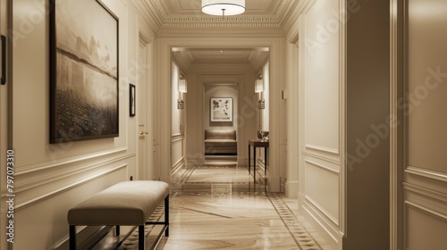 Elegant neoclassical hallway in a luxury home, featuring art and refined decor © Fat Bee