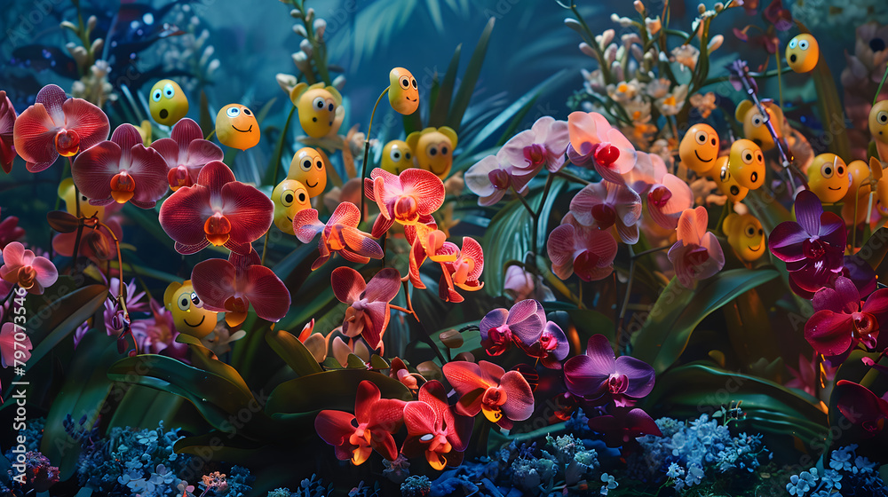 A gathering of orchids and playful emojis 