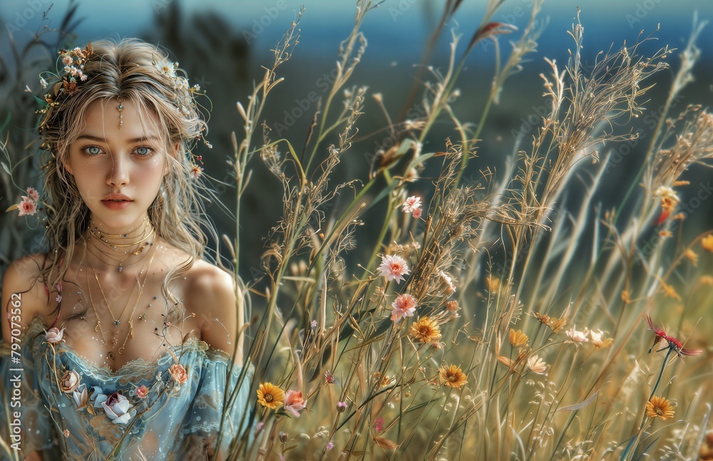 Fototapeta premium woman, spring, summer, copy space, field, prairie, meadow, beautiful, sexy, harvest, farm, outdoors, nature
