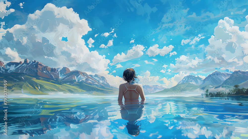 a girl under a blue sky in a boundless pool reflecting distant mountains 