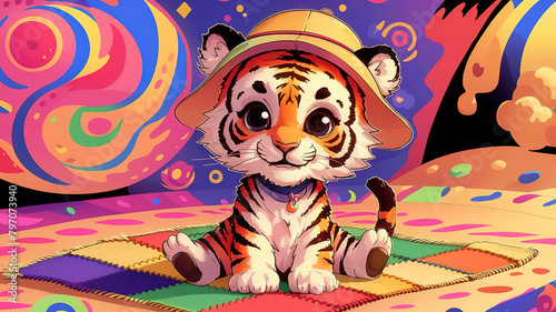 A charming baby tiger illustration with trendy hat