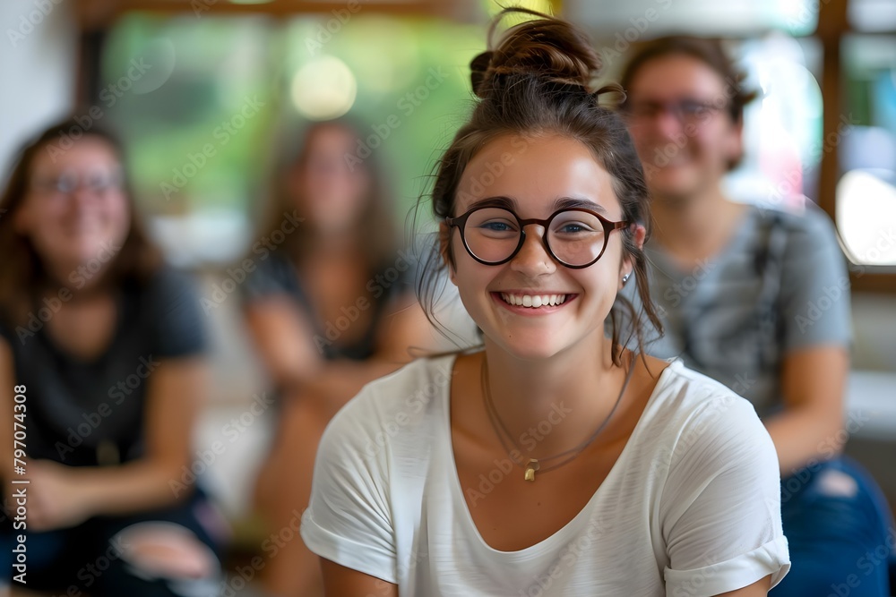 Young woman in glasses smiles during group therapy session with diverse group. Concept Group Therapy, Mental Health, Diversity, Smiling, Glasses, Young woman in glasses smiles during group therapy session with diverse group. Concept Group Therapy, Mental Health, Diversity, Smiling, Glasses,