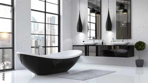 Elegant minimalist Art Deco bathroom interior with a sleek black bathtub and city view