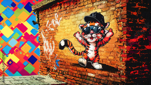 A vivid painting of playful baby tiger graffiti