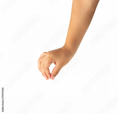 Child hand hanging something blank isolated on a white background © cunaplus