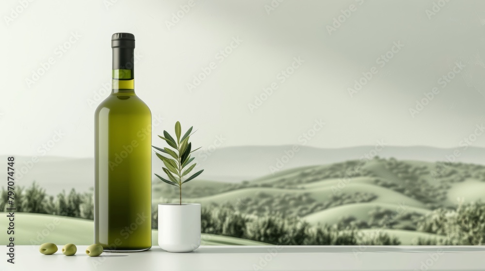 Olive Oil Bottle in a Serene Valley Landscape Generative AI