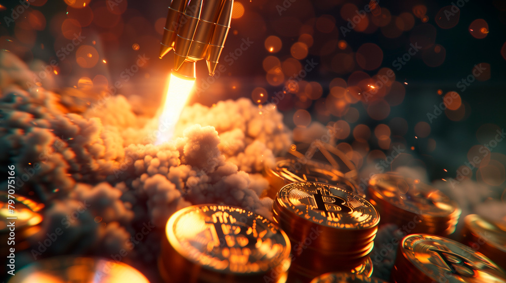 Illustration of a rocket taking off in a Bitcoin and cryptocurrency bull market altseason global digital financial market