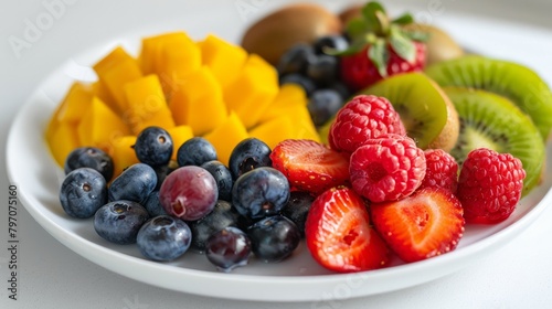 mixed fresh fruits  strawberry  raspberry  blueberry  kiwi  mango  on white plate 