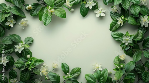 a immaculate light gray table seen from perspective  graced by the presence of opulent dark green flowers elegantly arranged in the upper right corner