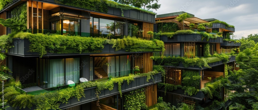 Picture innovative green buildings constructed from recycled materials, minimizing energy consumption.